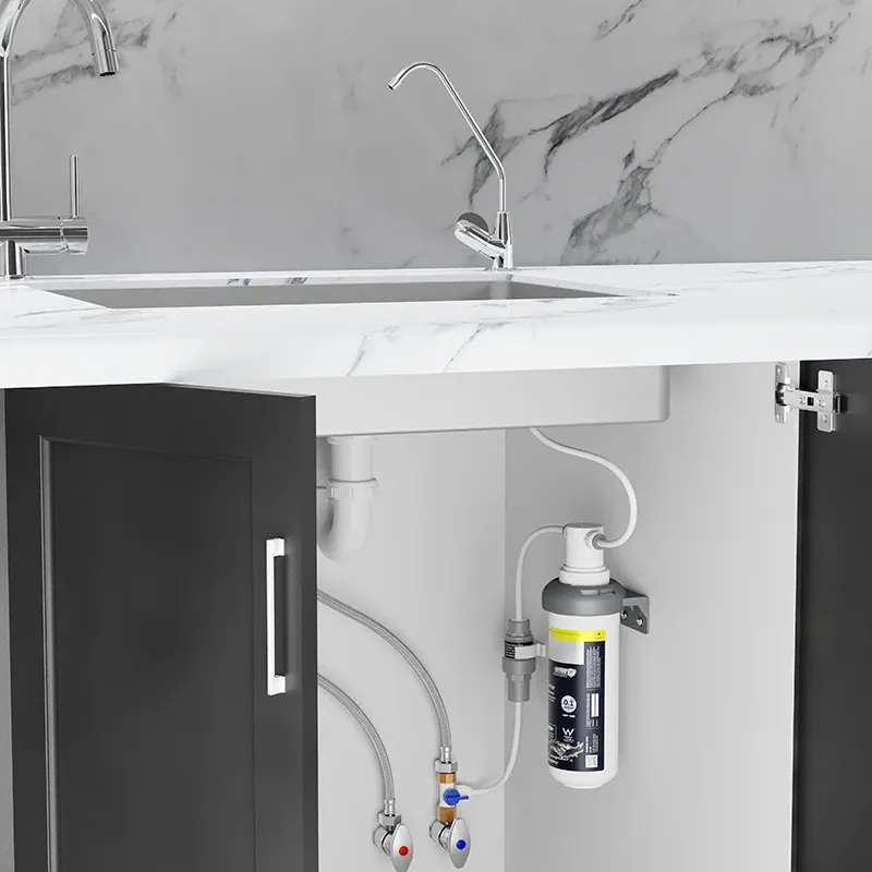 Under-sink mains water filter installed in a kitchen cabinet