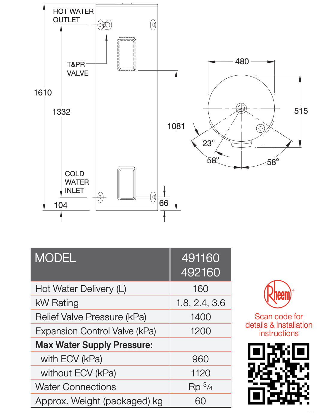 Rheem 491160G7 160L 3.6kW Electric Hot Water Heater Including Metro Perth Installation - Pacer Plumbing & Gas